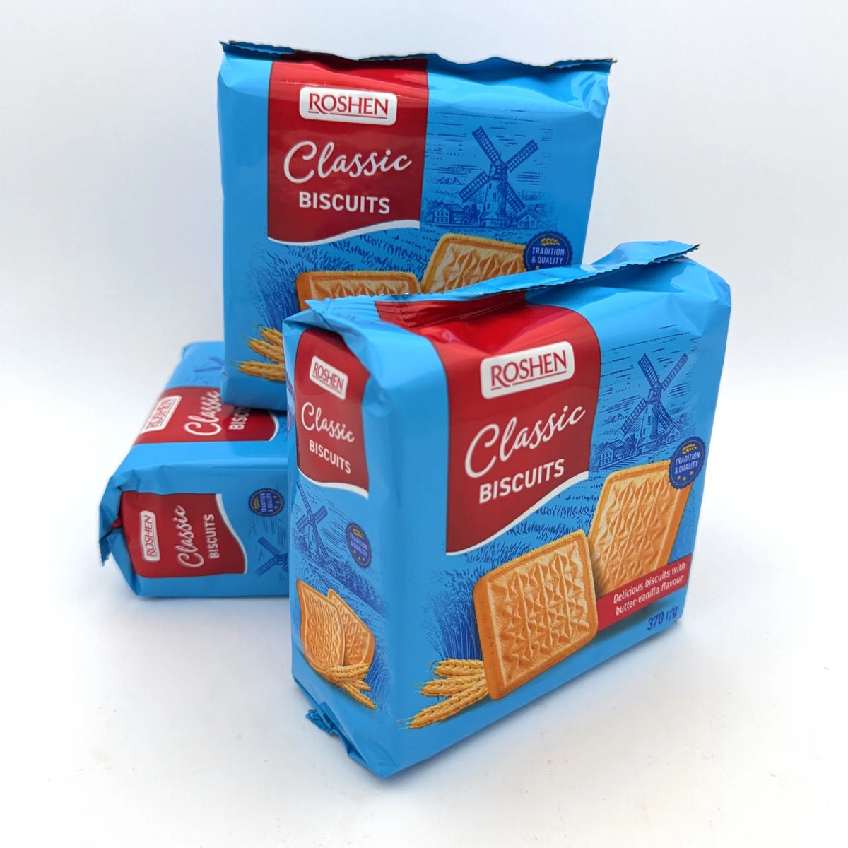 Trzy opakowania ciastek Roshen Classic Biscuits o smaku masła i wanilii