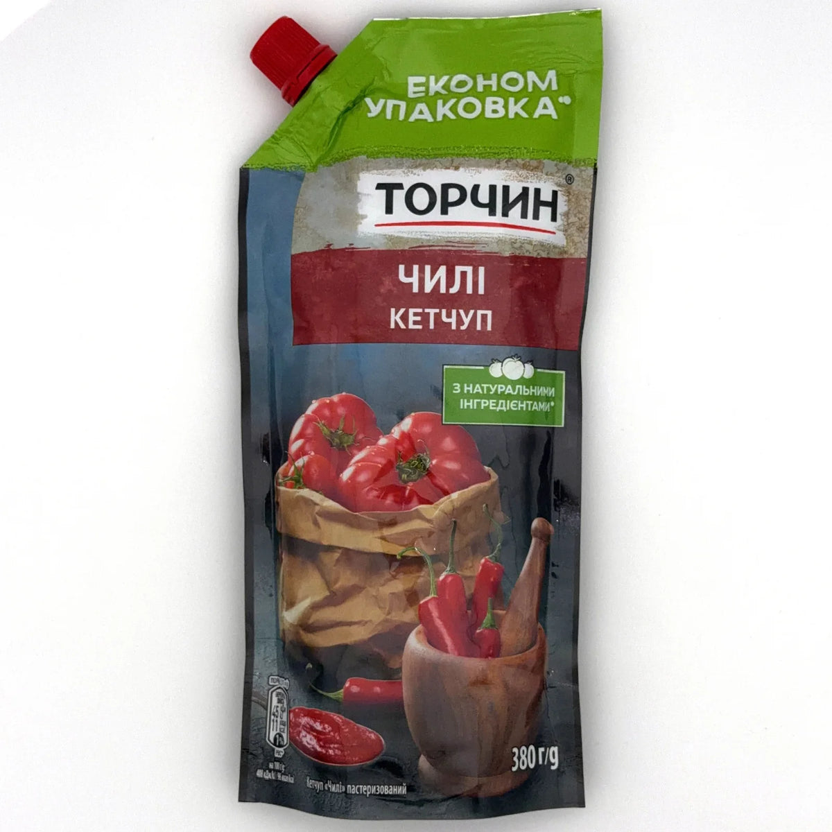 Opakowanie keczupu Torczyn Chili 380 g z pomidorami i papryczkami