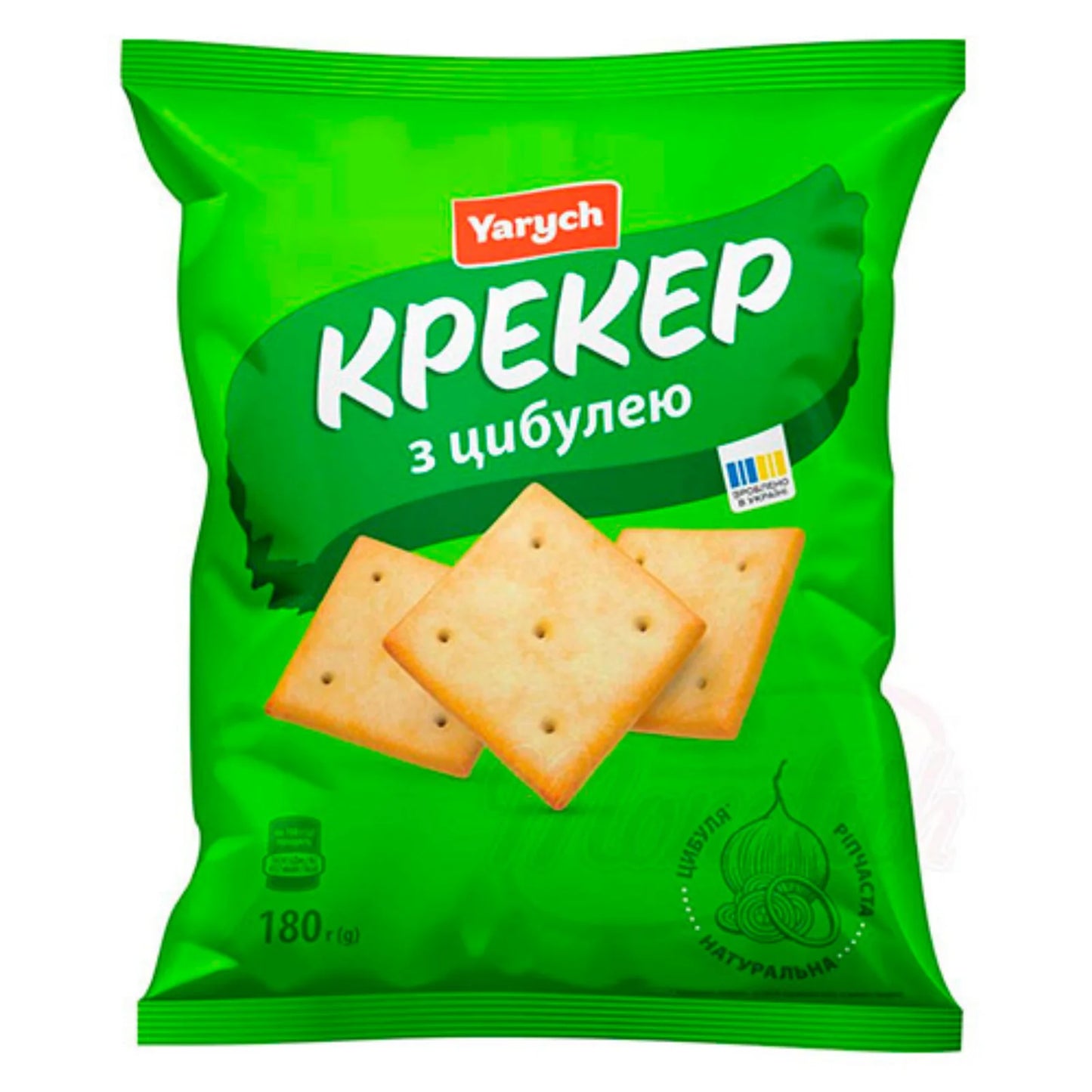 Krakersy Yarych Z Cebulą 180g w złotej torebce na stole