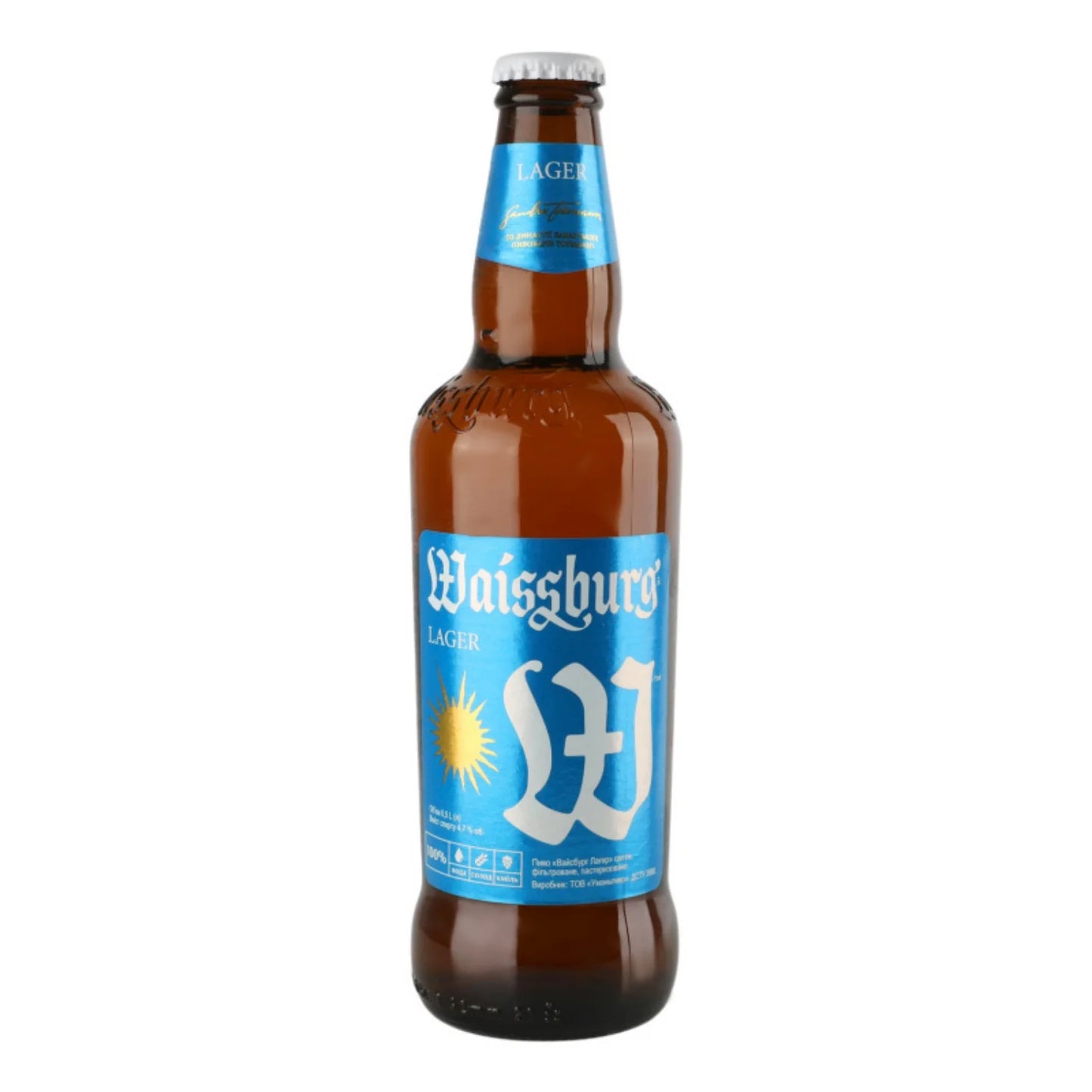 Piwo Umanpiwo Waissburg Lager 4,7% 0,5l — jasne piwo lager z Ukrainy w butelce