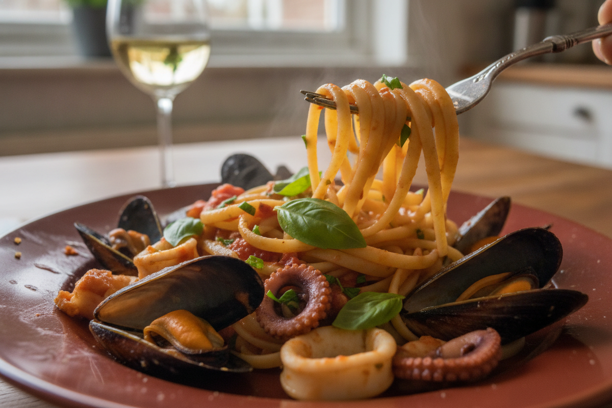 Spaghetti z krewetką, małżami, cytryną i pietruszką, nawijane na widelec