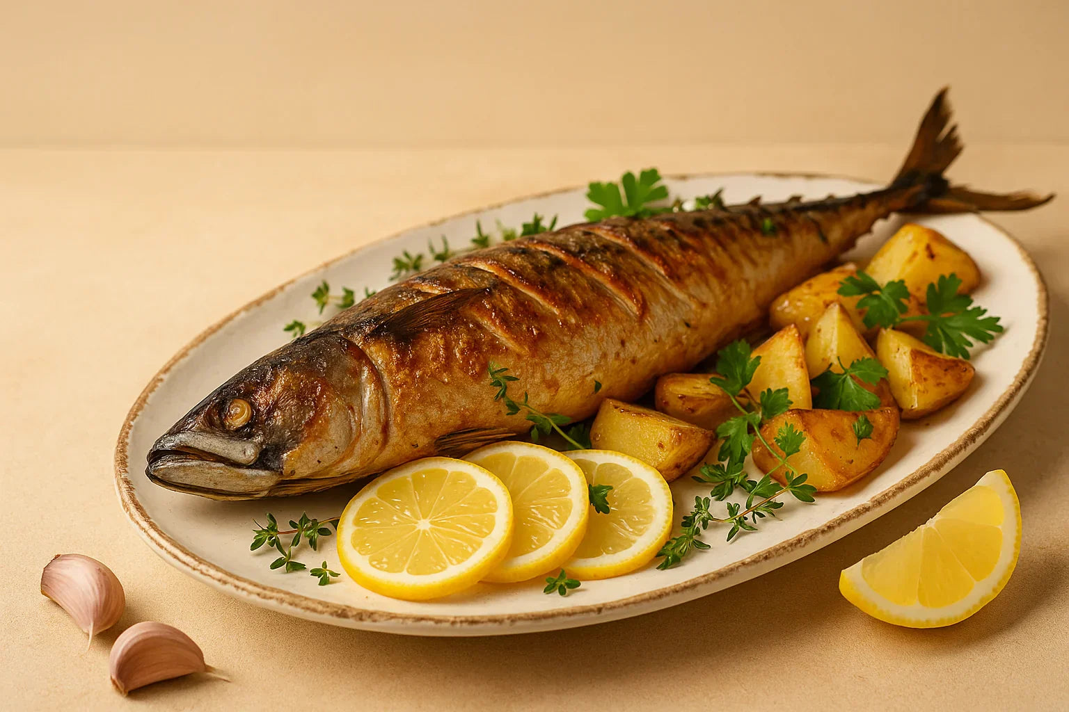 Скумбрія запечена з лимоном і травами