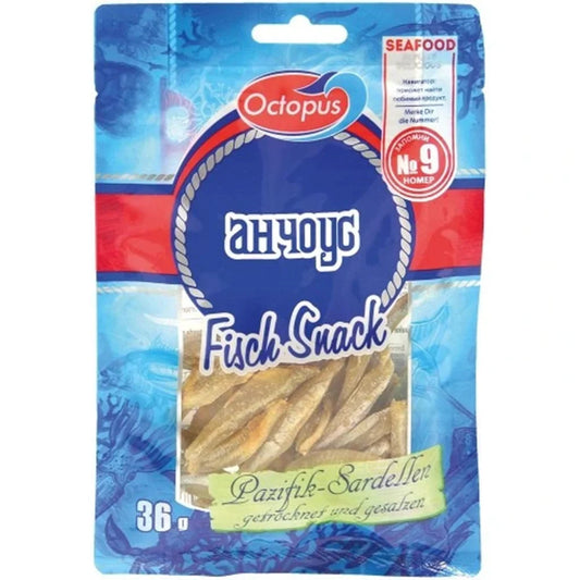 Сушений солоний анчоус Octopus Fish Snack 36 г у синьо-червоному пакеті з прозорим віконцем