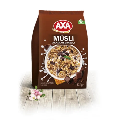 Мюслі AXA Chocolate Granola з медом 375 г у коричневому стоячому пакеті з мискою граноли й шматочками шоколаду