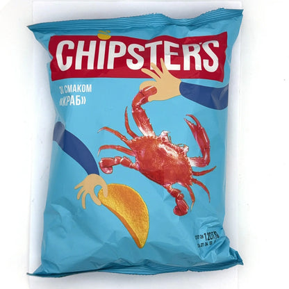 Chipsters smak krab 120g, niebieskie opakowanie z grafiką kraba