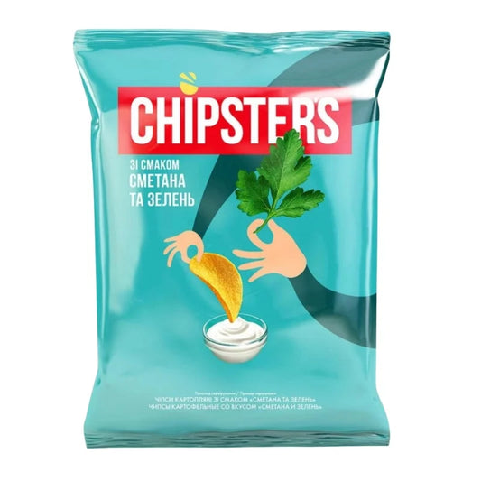 Чіпси Chipsters 60 г зі смаком сметани та зелені, бірюзовий пакет із червоною етикеткою й чипсом