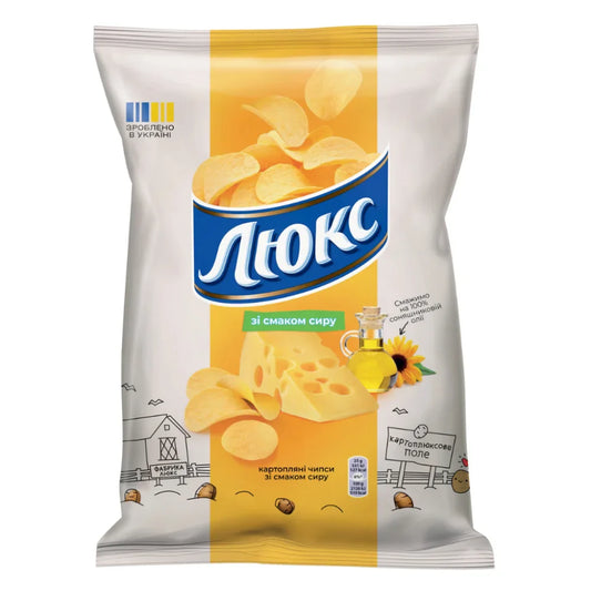 Картопляні чіпси Люкс зі смаком сиру, 125 г, сріблясто-жовтий пакет із синім логотипом і сиром