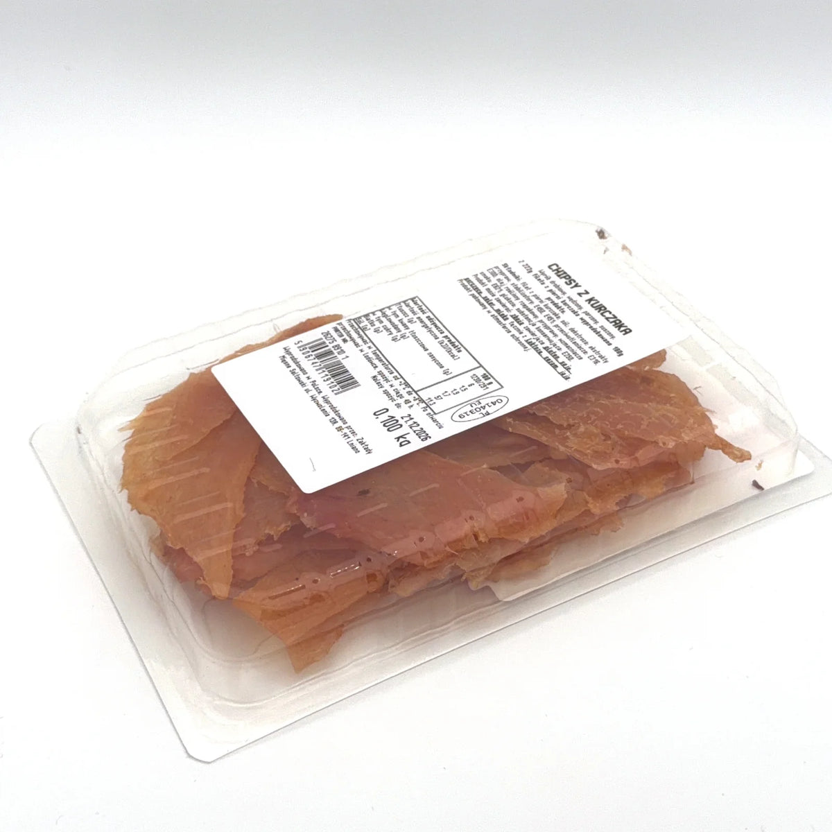 Czipsy z mięsa kurczaka Saltiw w przezroczystym opakowaniu 100g