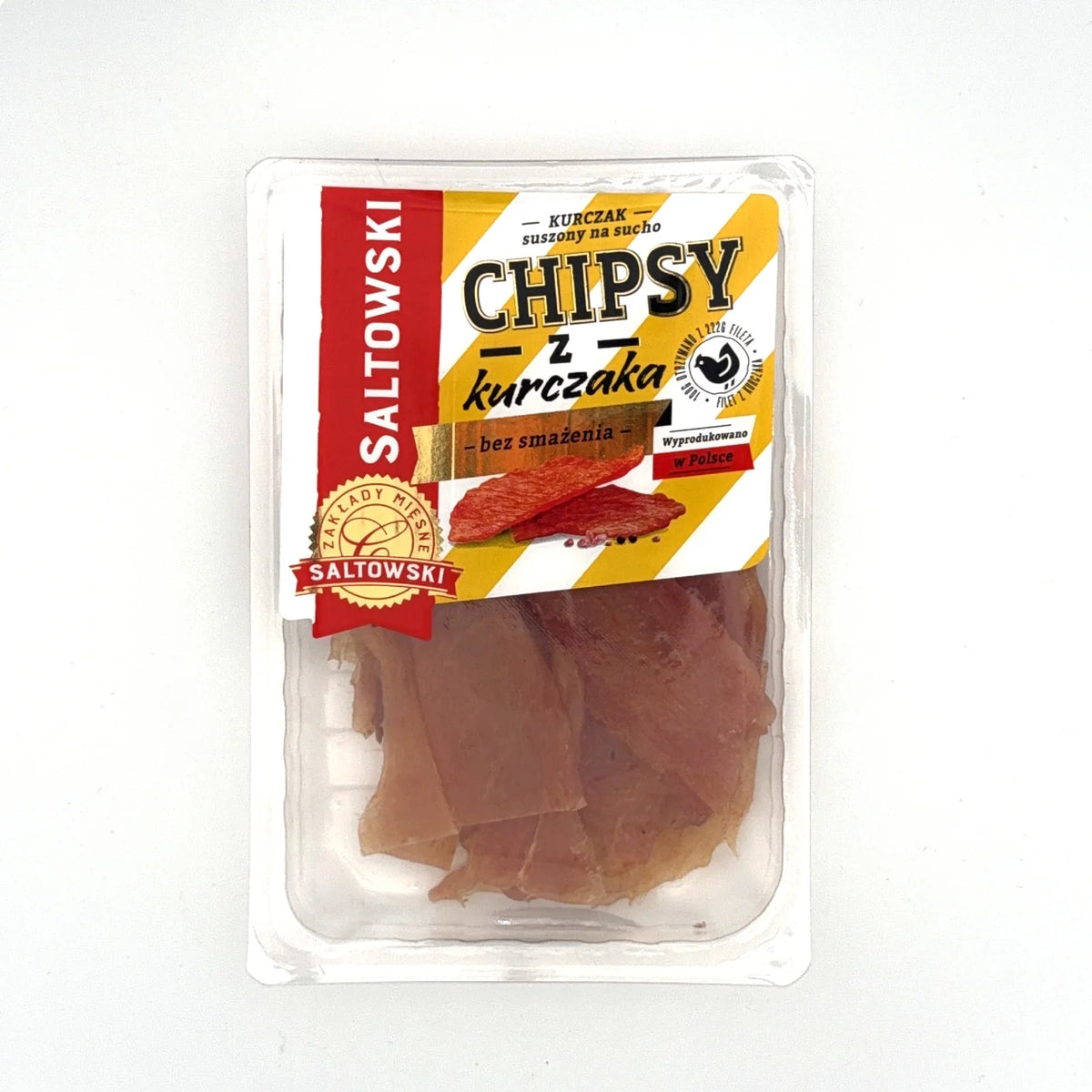 Czipsy z mięsa kurczaka Saltiw w przezroczystym opakowaniu 100g