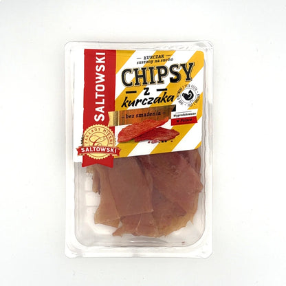 Czipsy z mięsa kurczaka Saltiw w przezroczystym opakowaniu 100g