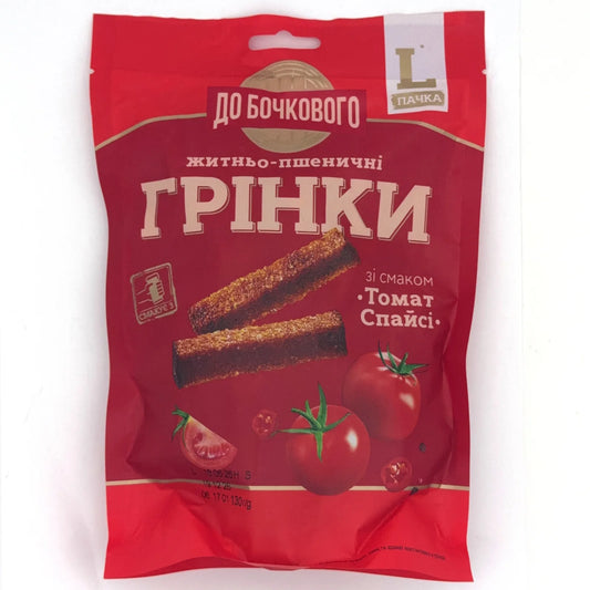 Житньо-пшеничні грінки "До Бочкового" зі смаком томат спайсі в червоній упаковці