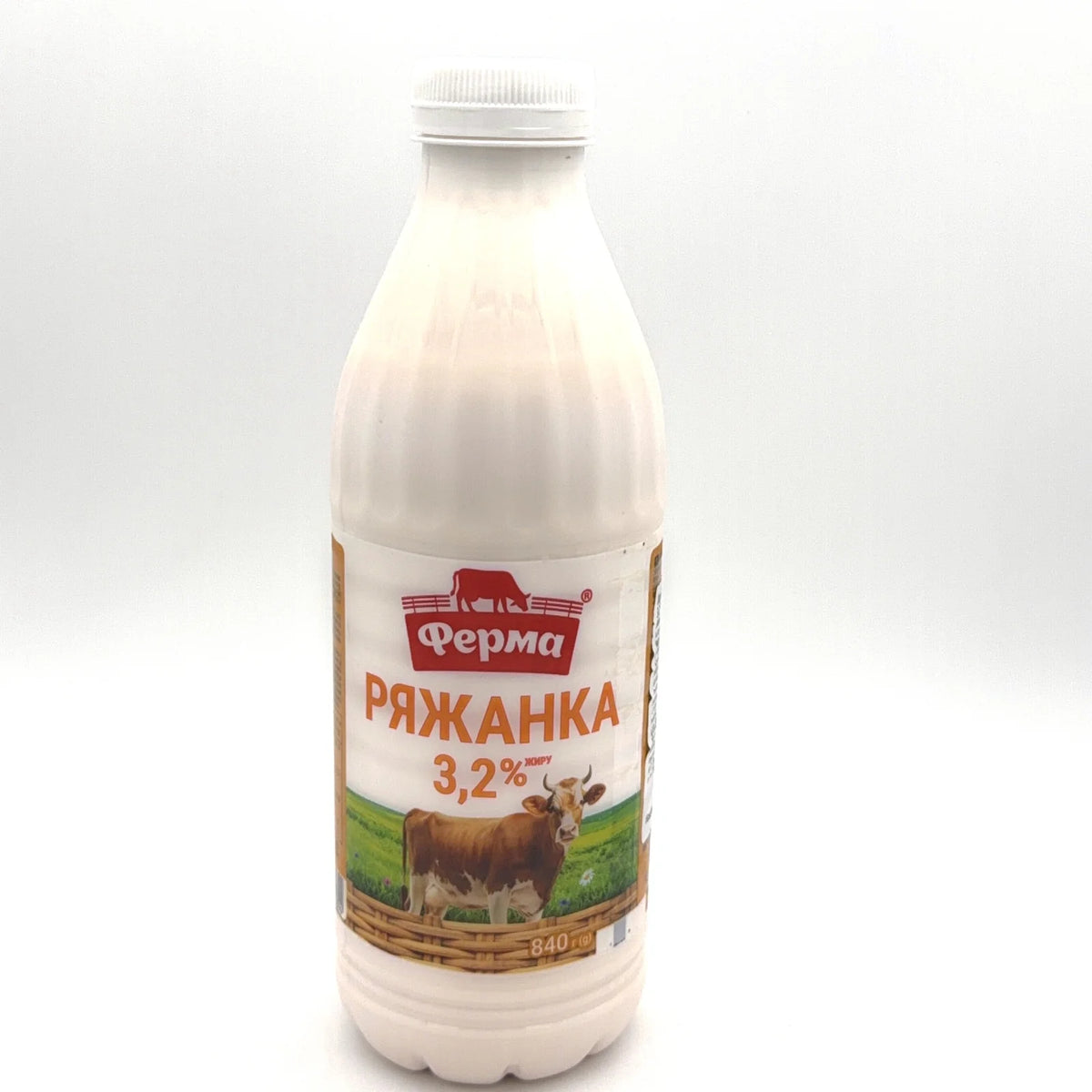 Butelka FERMA Napój mleczny Rjażenka 3,2% 840 g z wizerunkiem krowy