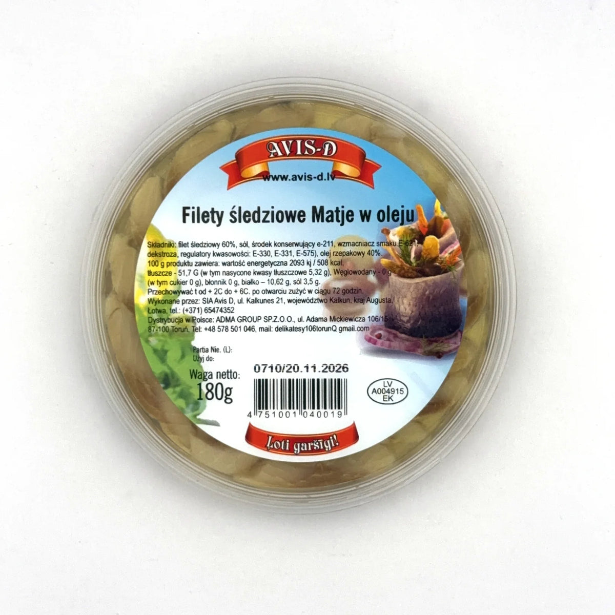 Filety śledziowe Matjes w oleju AVIS-D w okrągłym opakowaniu 180g