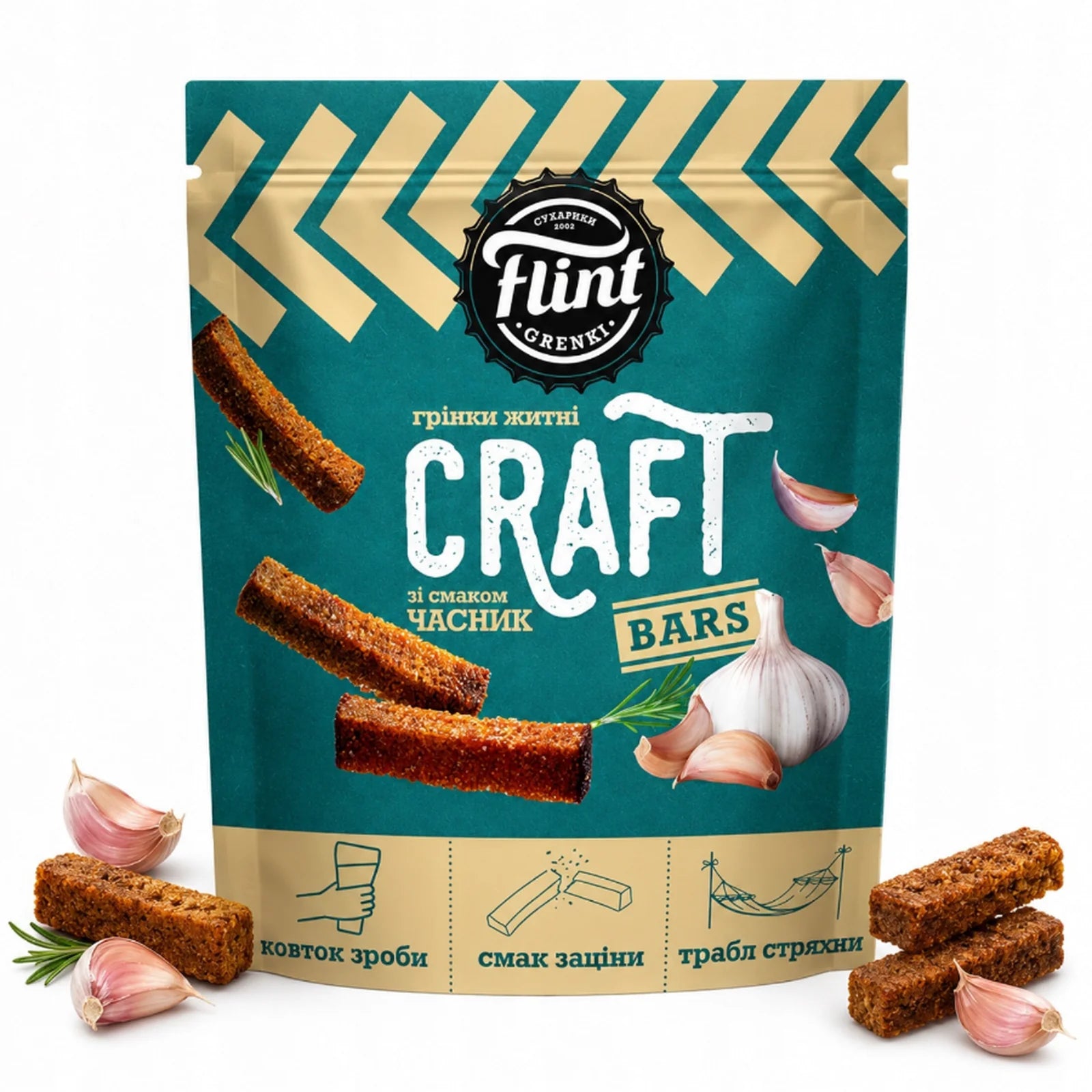Житньо-пшеничні грінки Flint Craft Grenki зі смаком часнику 90 г в упаковці