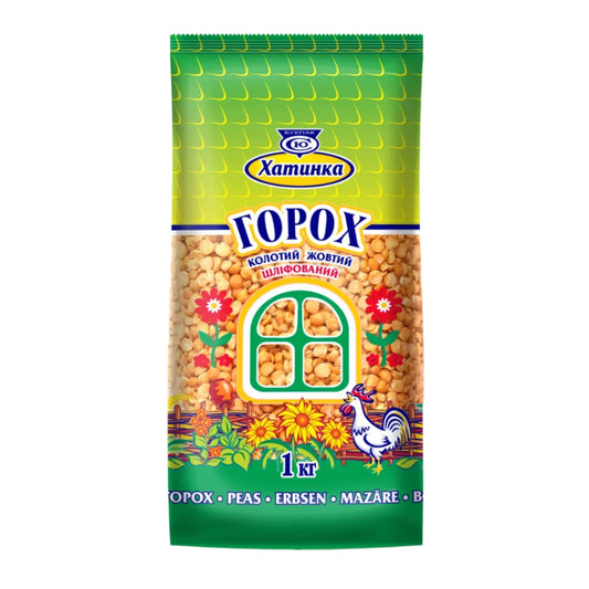 HATYNKA жовтий колотий горох 1 кг у зелено-жовтому пакеті з прозорим віконцем