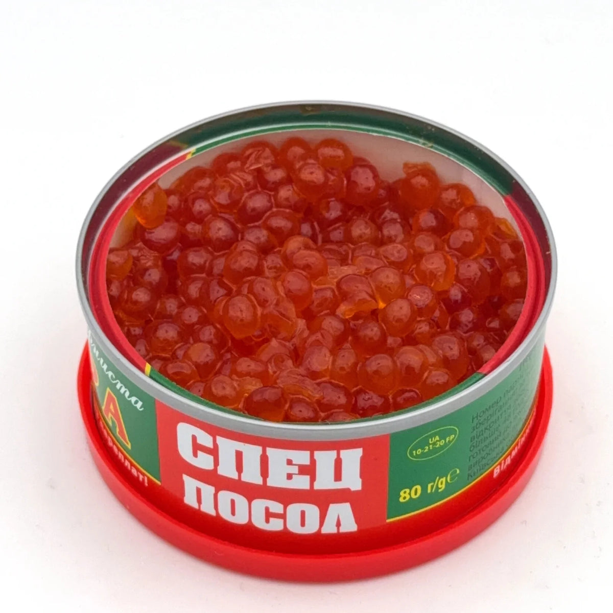 Otwarta puszka kawioru z łososia "Specposol" 80 g z czerwoną ikrą