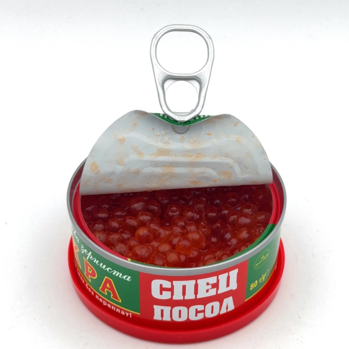 Otwarta konserwa kawioru z łososia "Specposol" 80g z widoczną czerwoną ikrą