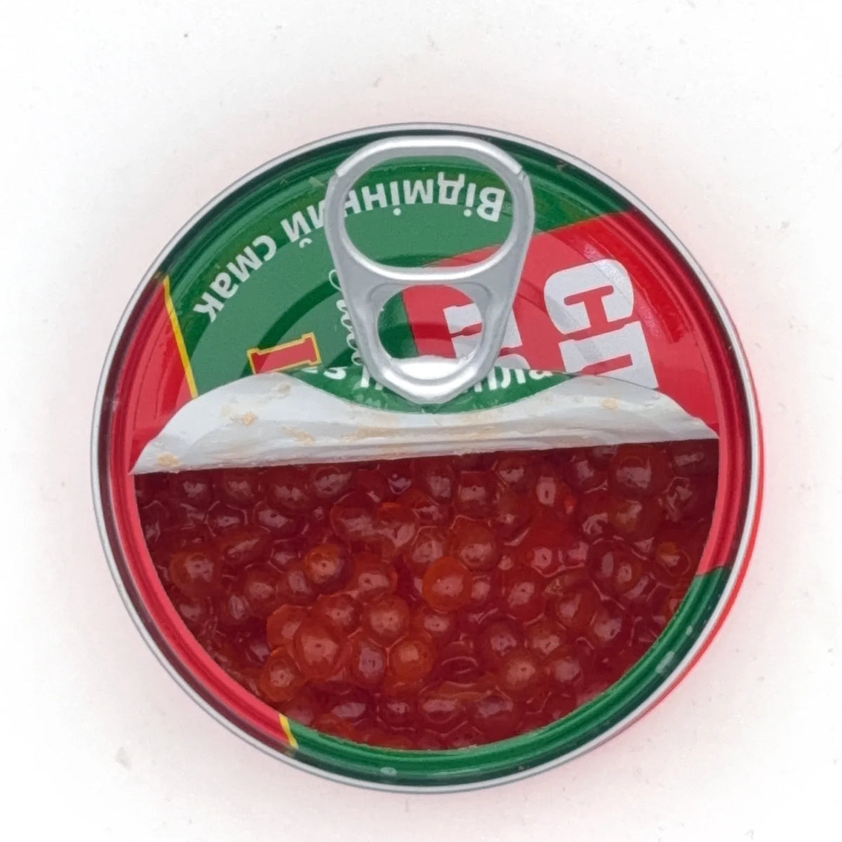 Otwarta puszka kawioru z łososia "Specposol" 80g z widocznymi czerwonymi ikrami