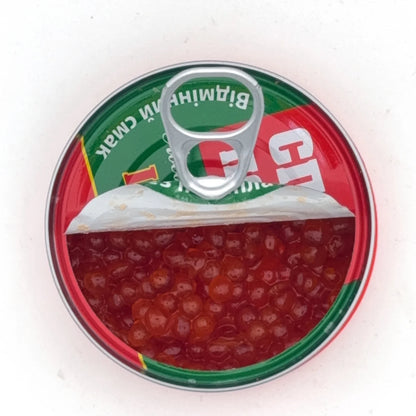 Otwarta puszka kawioru z łososia "Specposol" 80g z widocznymi czerwonymi ikrami