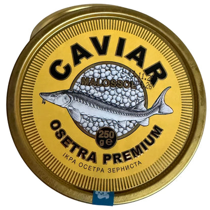 Ікра осетра Caviar Malossol 250 г у круглій золотистій банці з малюнком осетра