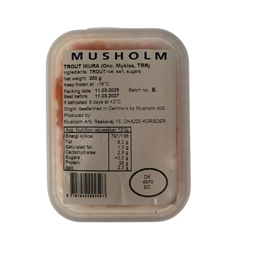 Заморожена ікра форелі Musholm 250 г у прозорому пластиковому контейнері з білою етикеткою