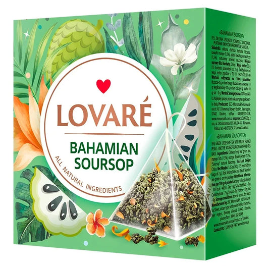 Зелений чай LOVARE Bahamian Soursop 15 пірамідок у зеленій коробці з плодом саусеп і пакетиком