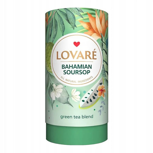 Зелений листовий чай LOVARÉ Bahamian Soursop 80 г у мʼятно-зеленій тубі з листям і квітами