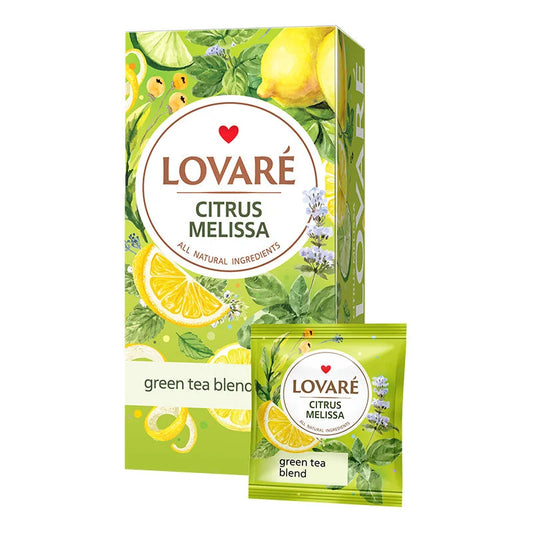 Зелений чай Lovare Citrus Melissa у світло-зеленій коробці з лимоном і мʼятою та саше