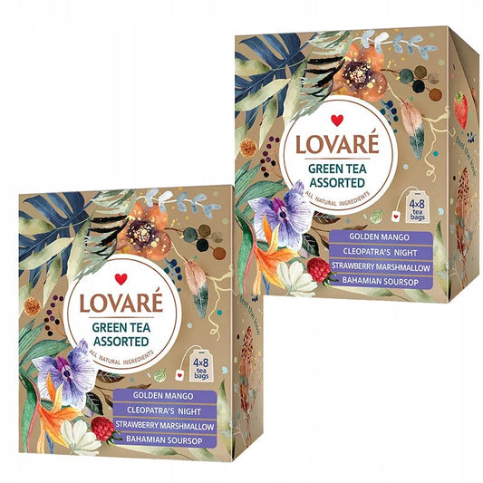 Набір зеленого чаю LOVARE Green Tea Assorted 4x8 пакетиків у бежевій коробці з квітами й листям