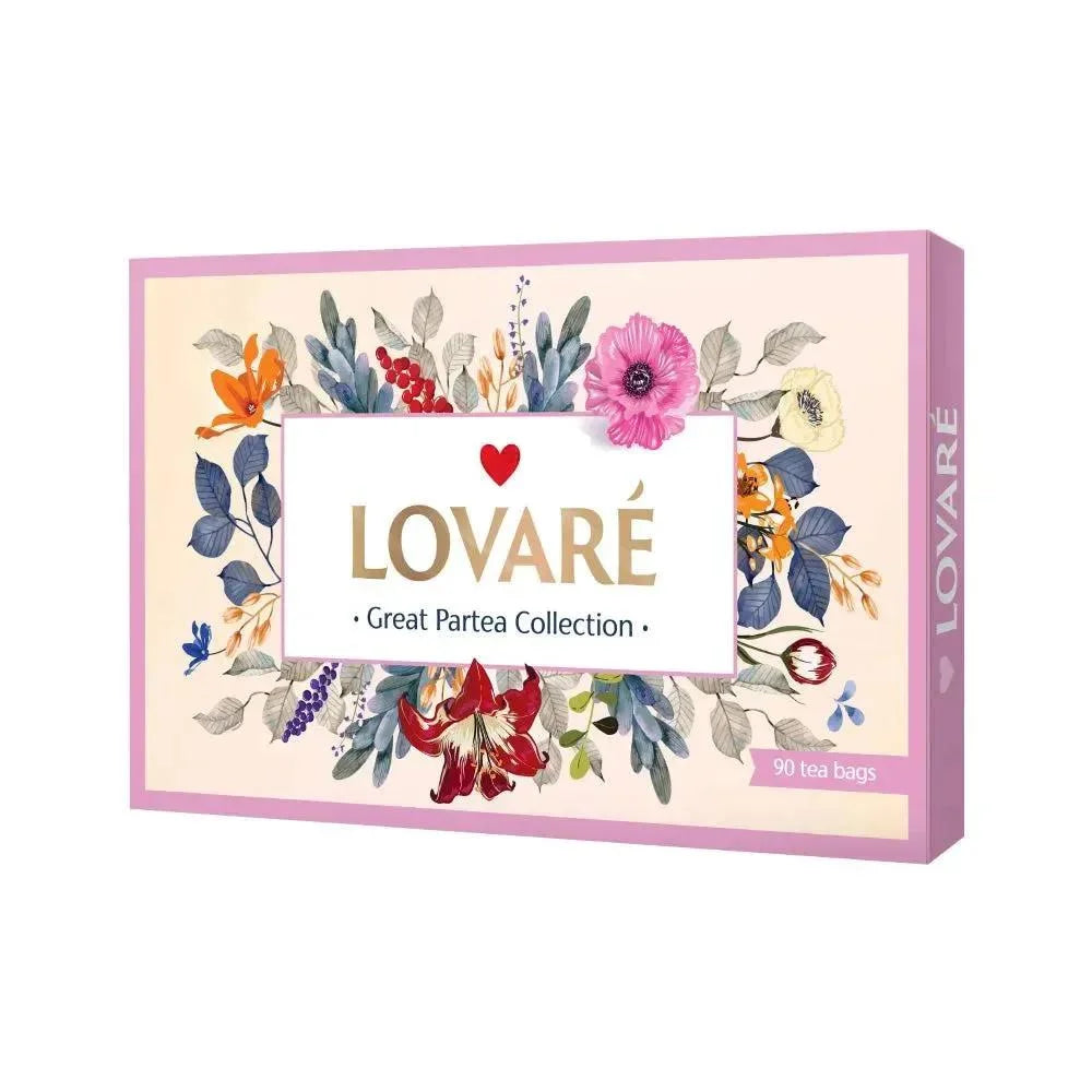 Набір чаю LOVARE Great Partea Collection, рожево-кремова коробка з квітами, 90 пакетиків