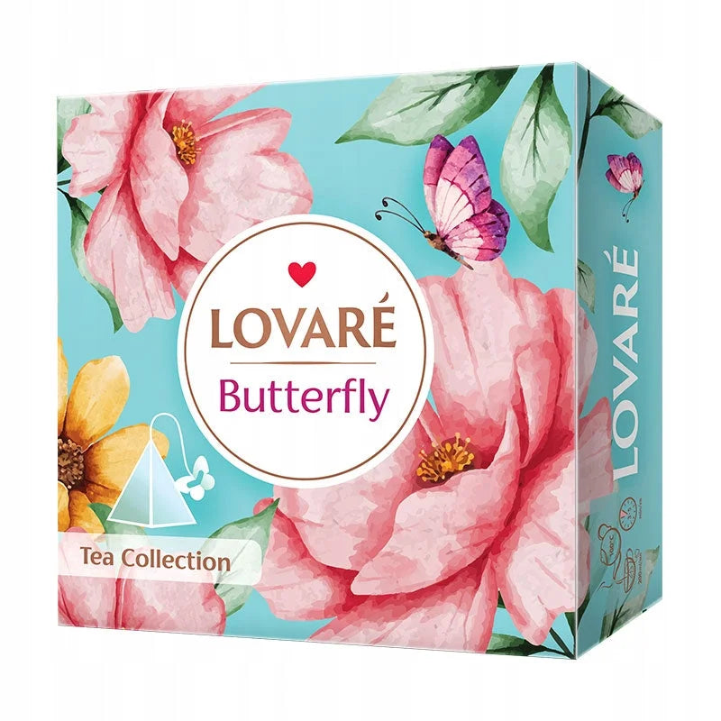Набір чаю LOVARE Butterfly 45 пірамідок по 2 г у бірюзовій коробці з рожевими квітами й метеликом