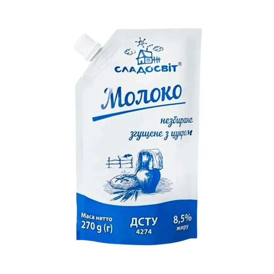 Згущене молоко з цукром Sladoswit 8,5% 270 г у білому пакеті з синім друком і кришечкою