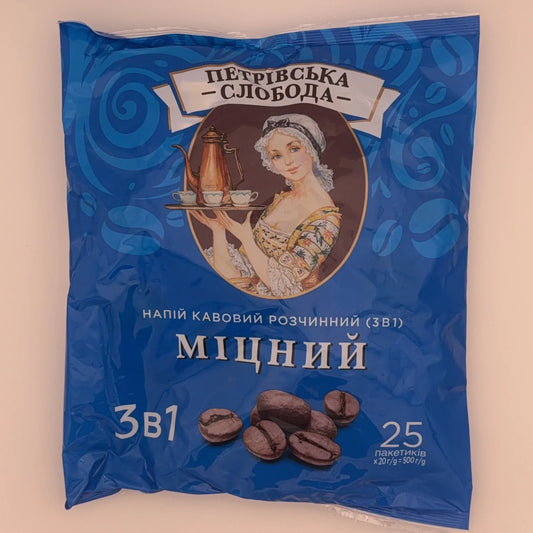 Niebieskie opakowanie napoju kawowego 3w1 Mocny Petriwska Sloboda, 25 saszetek