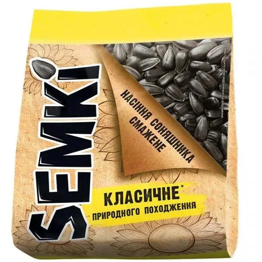 Смажене насіння соняшника SEMKI 240 г у жовто-бежевому паперовому пакеті з віконцем і видимим насінням