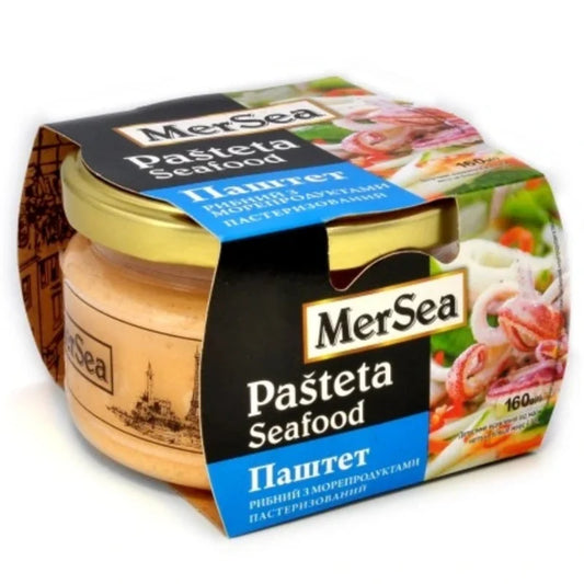 Рибний паштет MerSea Seafood 160 г у скляній банці із золотою кришкою, чорно-синя етикетка
