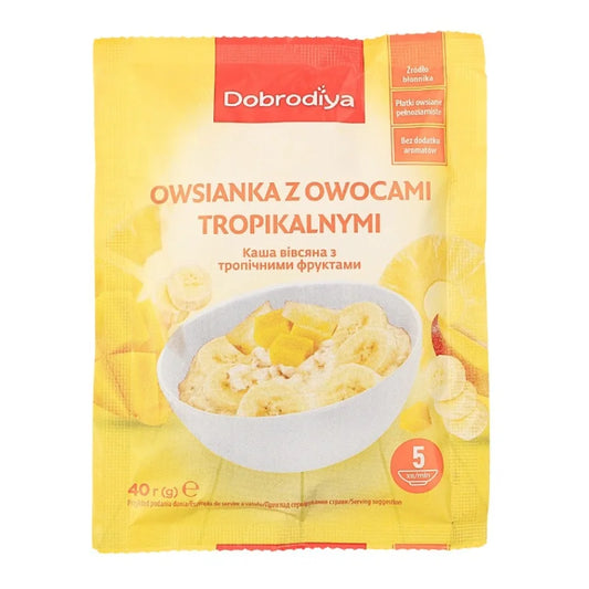 Вівсянка Dobrodiya з тропічними фруктами 40 г, жовто-червоний пакетик з мискою каші й бананом
