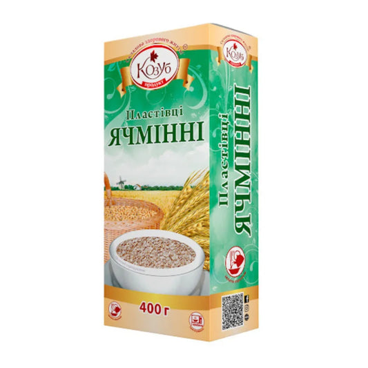 Ячмінні пластівці Козуб 400 г у зелено-бежевій коробці, з мискою пластівців і колоссям ячменю