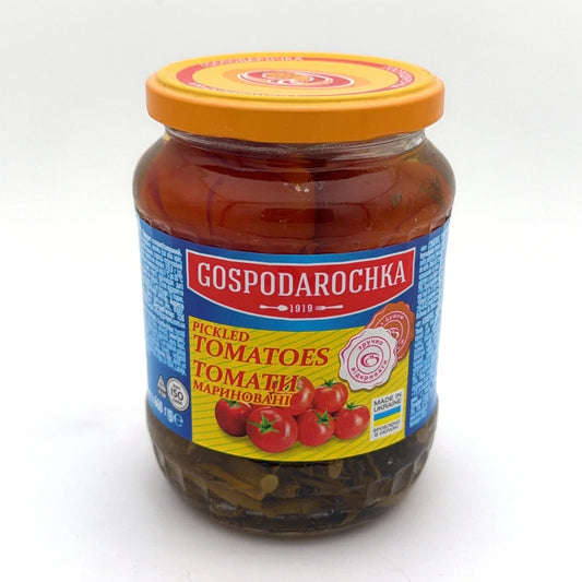 Банка маринованих томатів Gospodarochka 660г з помаранчевою кришкою