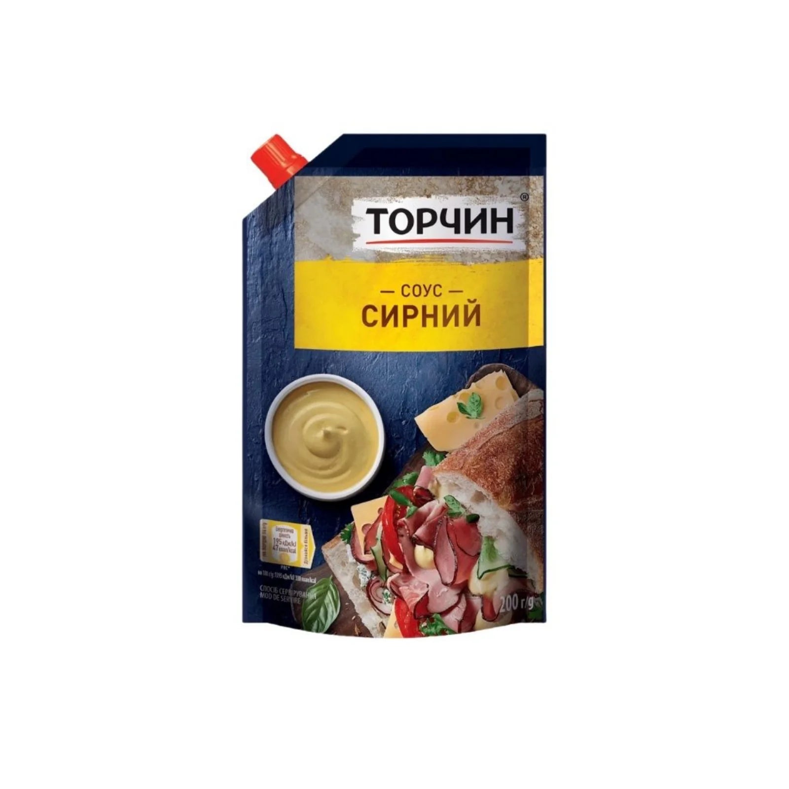 Соус сирний Torczyn 200 г у пластиковій упаковці на білому тлі