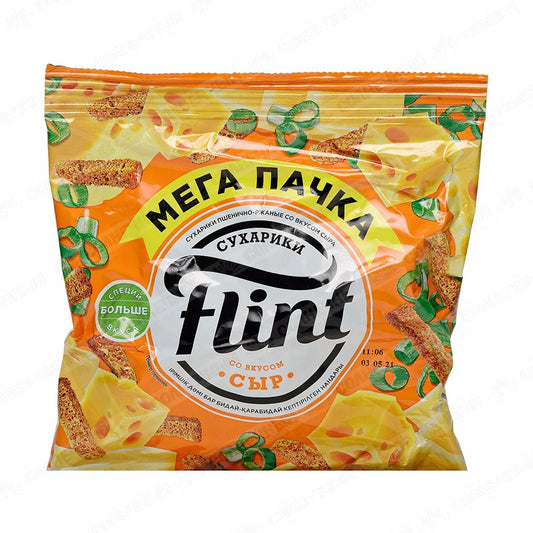 Сухарики Flint Мега пачка зі смаком сиру, 110 г, помаранчево-жовтий пакет із грінками та сиром