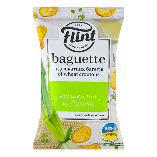 Пшеничні грінки Flint Baguette 60 г, смак вершки та цибулька, білий пакет із зеленим блоком
